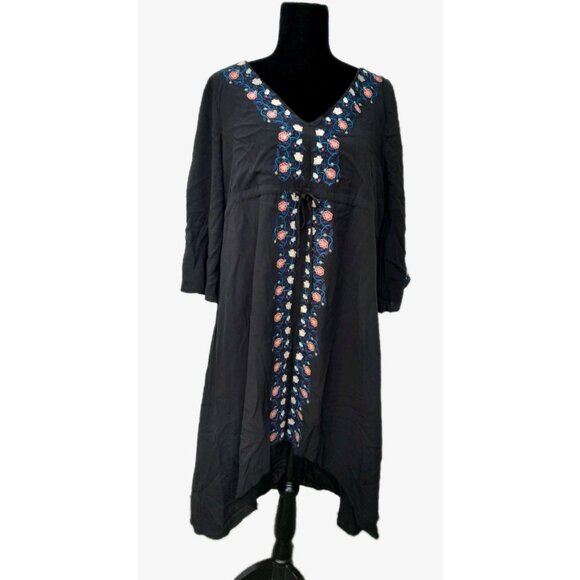 Womens Boho Embroidered Asymmetrical Hi Lo Flared Sleeve Medium Dress Black - Picture 1 of 10